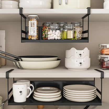 SHINEWON Expandable Under Cabinet Shelf Organizer with 0.94-Inch Thick Clips, Heavy Duty Extendable Under Shelf Storage Basket for Pantry or Laundry Room, Black, 1 Pack, Interior: 4.13" H x 8.54" D