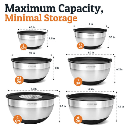 Priority Chef 6Pc Large Mixing Bowls With Lids Set with Non-Slip Bases, Stainless Steel Mixing Bowl Set, 6 Airtight Lids and 3 Graters, Black