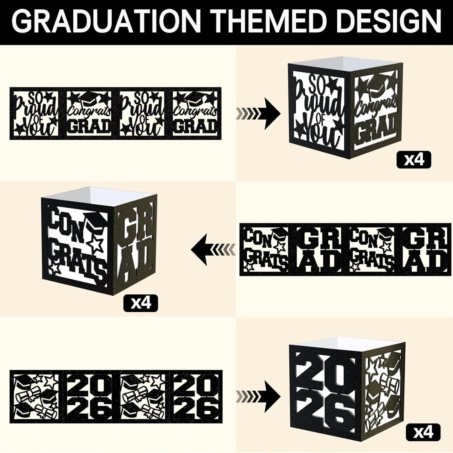 12 2026 Pcs Graduation Table Centerpieces Boxes Class of Black Square Graduation Paper Lanterns with String Lights