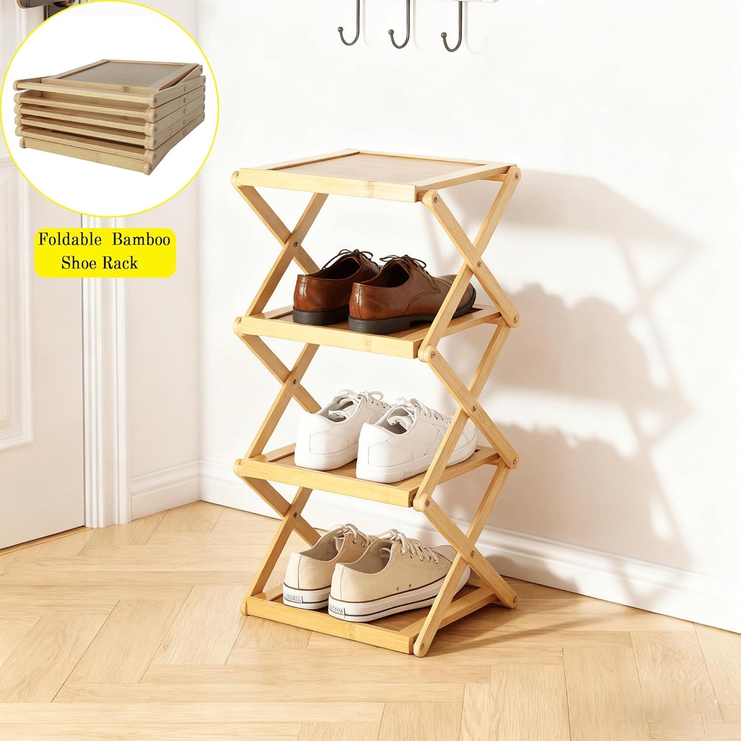 3 Closet(Original Tier Foldable Shoe Rack, Natural Bamboo Space Saving Shoe Storage Organizer,Easy Assembly & Strong