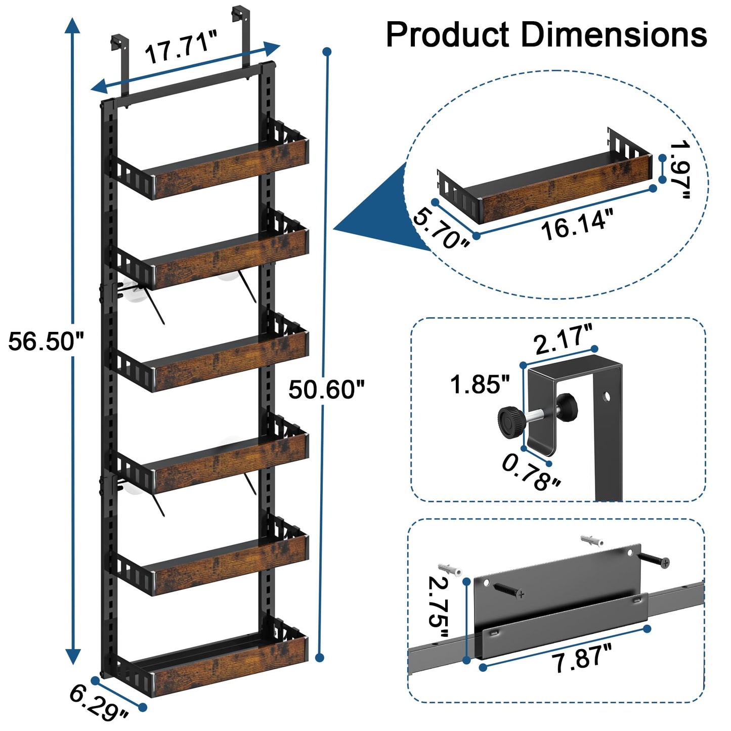 BUKFEN 6-Tier Over the Door Pantry Organizer, 2-in-1 Door Hanging or Wall Mounted Spice Rack, Heavy Duty Metal Storage Shelves with Adjustable Wooden Baskets for Kitchen Bathroom Closet