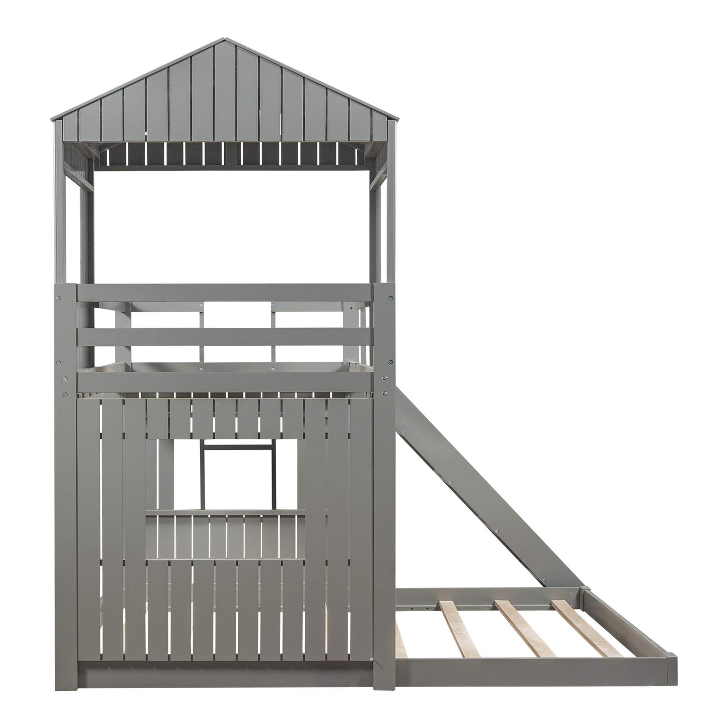 Twin Over Full Bunk Bed Frames with Slide, Safety Guardrails and Ladder for Teens, Girl or Boys, House Shape, Gray