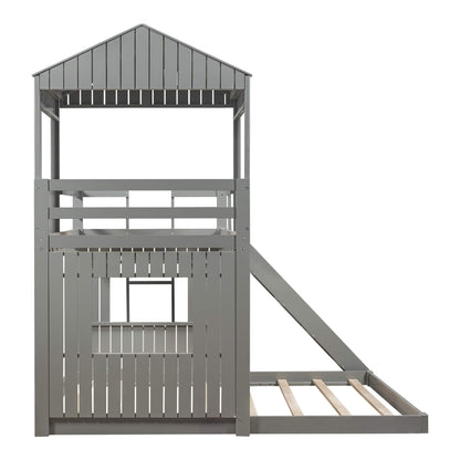 Twin Over Full Bunk Bed Frames with Slide, Safety Guardrails and Ladder for Teens, Girl or Boys, House Shape, Gray