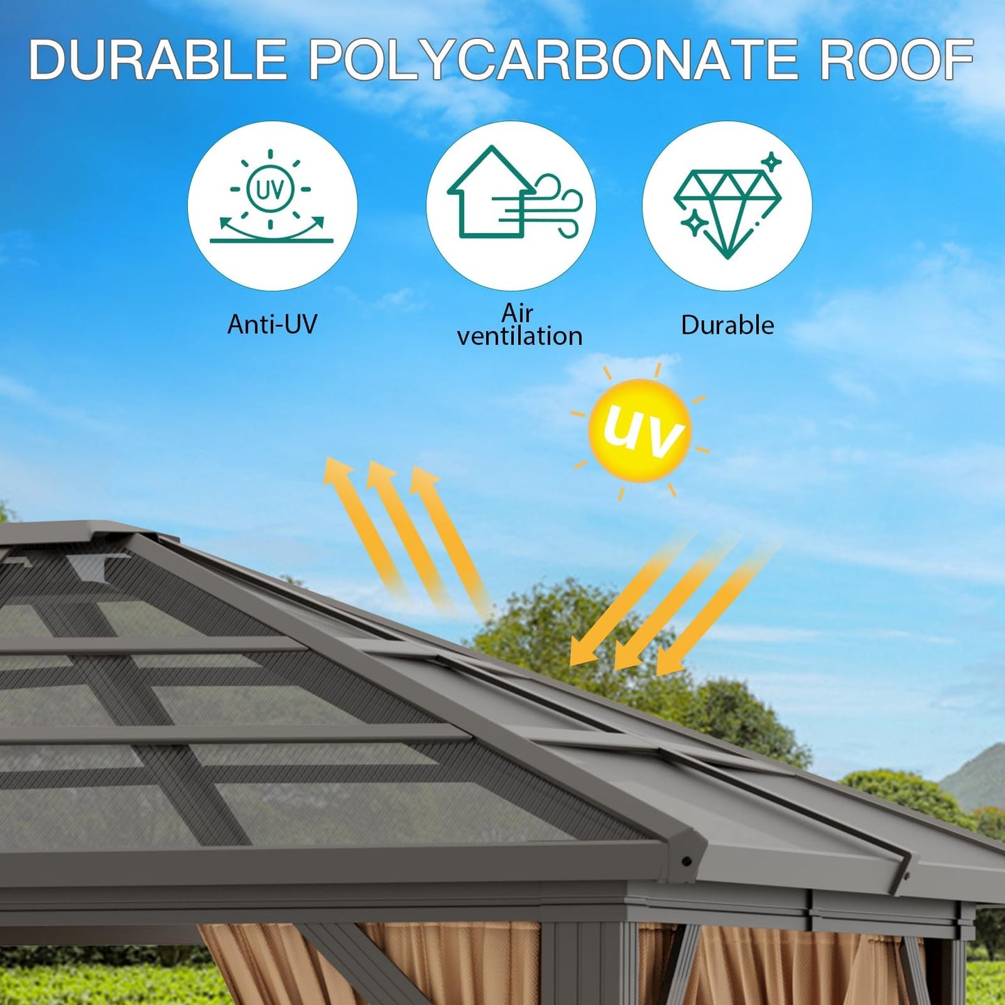 10' x 12' Hardtop Gazebo, Permanent Outdoor Pavilion with Single-Tier Hardtop Roof, Thickened Mosquito Netting, Double Track & Double Zipper Design for Patio, Lawn, Garden, Brown