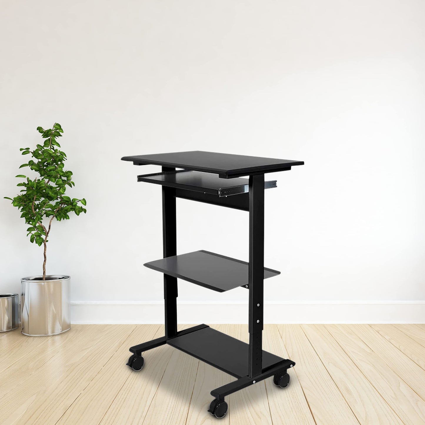 Stand Up Desk Store Mobile Rolling Adjustable Height Standing Workstation with Printer Shelf and Slideout Keyboard Tray (Black Frame/Black Top, 30" Wide)