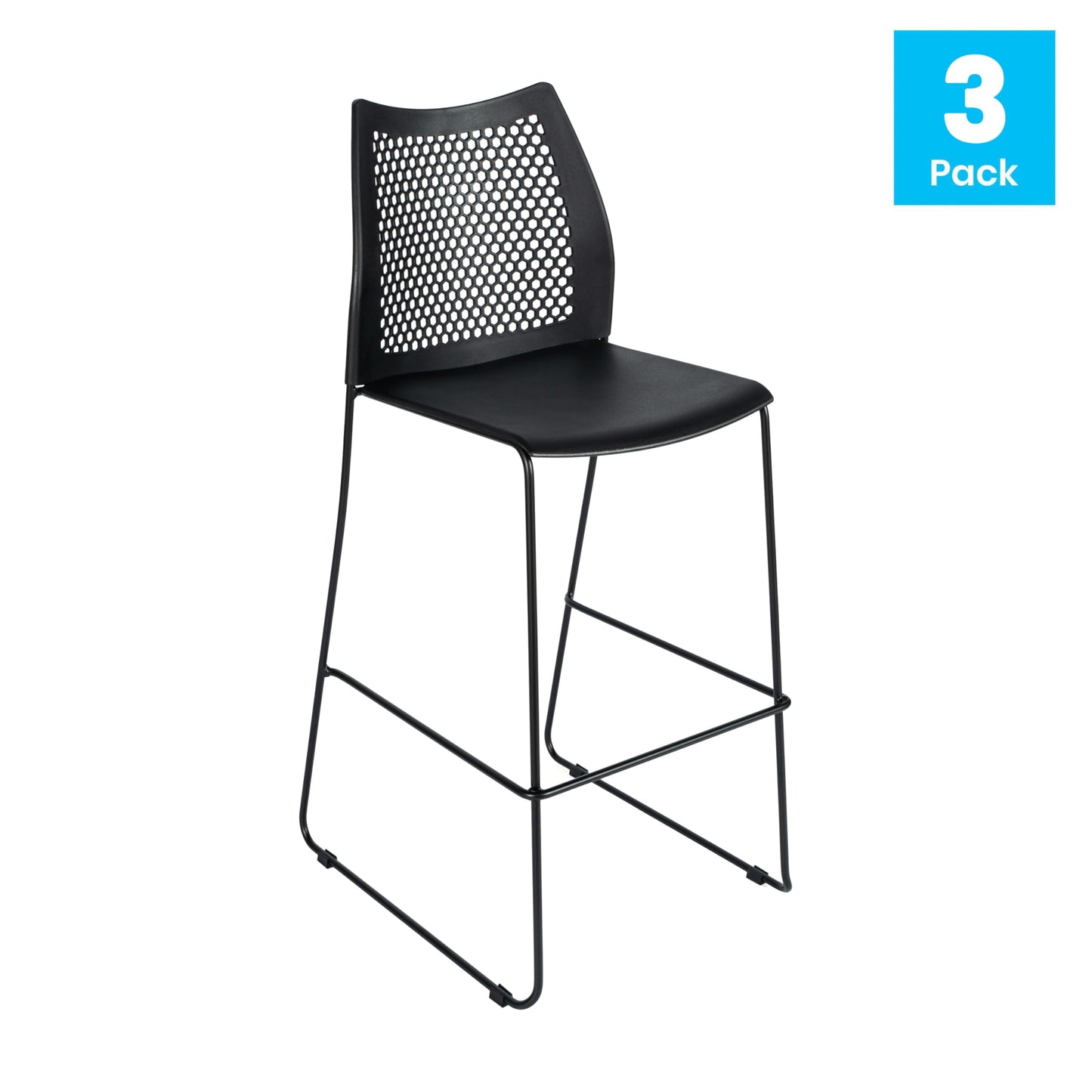 Flash Furniture Hercules Stacking Bar Height Stool with Vented Backrest and Black Powder Coated Steel Sled Base with Integrated Footrest, Commercial Portable Stool, Set of 3, Black