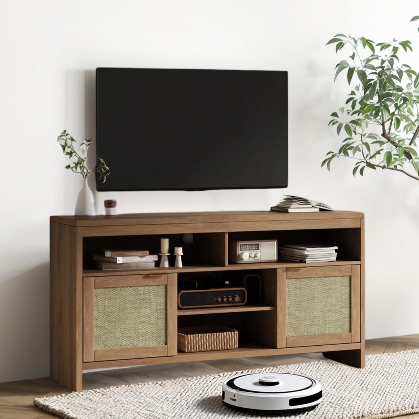 GarveeHome Boho TV Stand for TV Up to 65 in,58" Modern Rattan Entertainment Center with Storage and Adjustable Shelves,Wooden TV Console Cabinet with Doors for Living Room/Bedroom/Farmhouse(Brown)