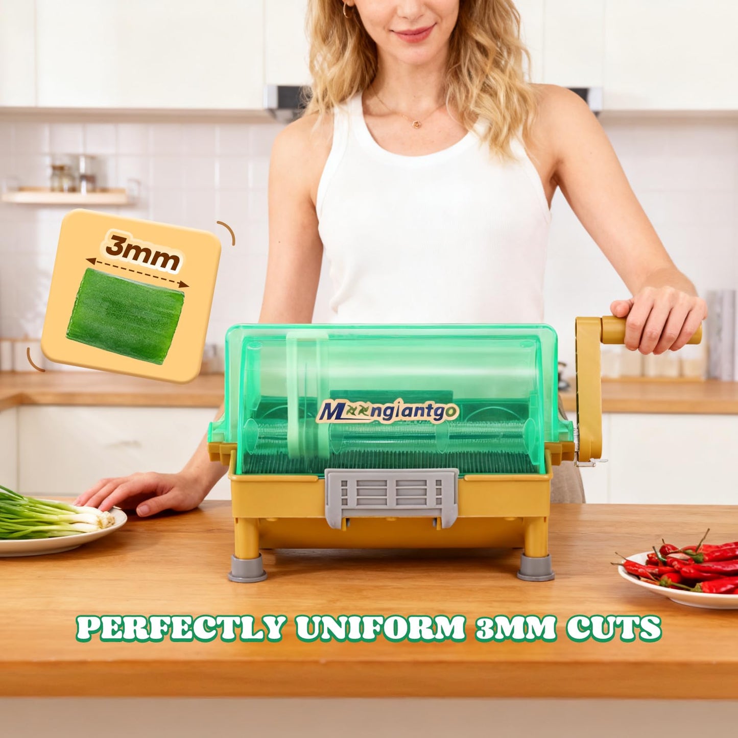 Moongiantgo Commercial Manual Scallion Cutter Slicer, Spring Onion Shredder with Stainless Steel Blade, for Kitchen 3MM Chopped Scallions, Spring Onions, Green Onions, Cilantro, Leeks, Chili Pepper