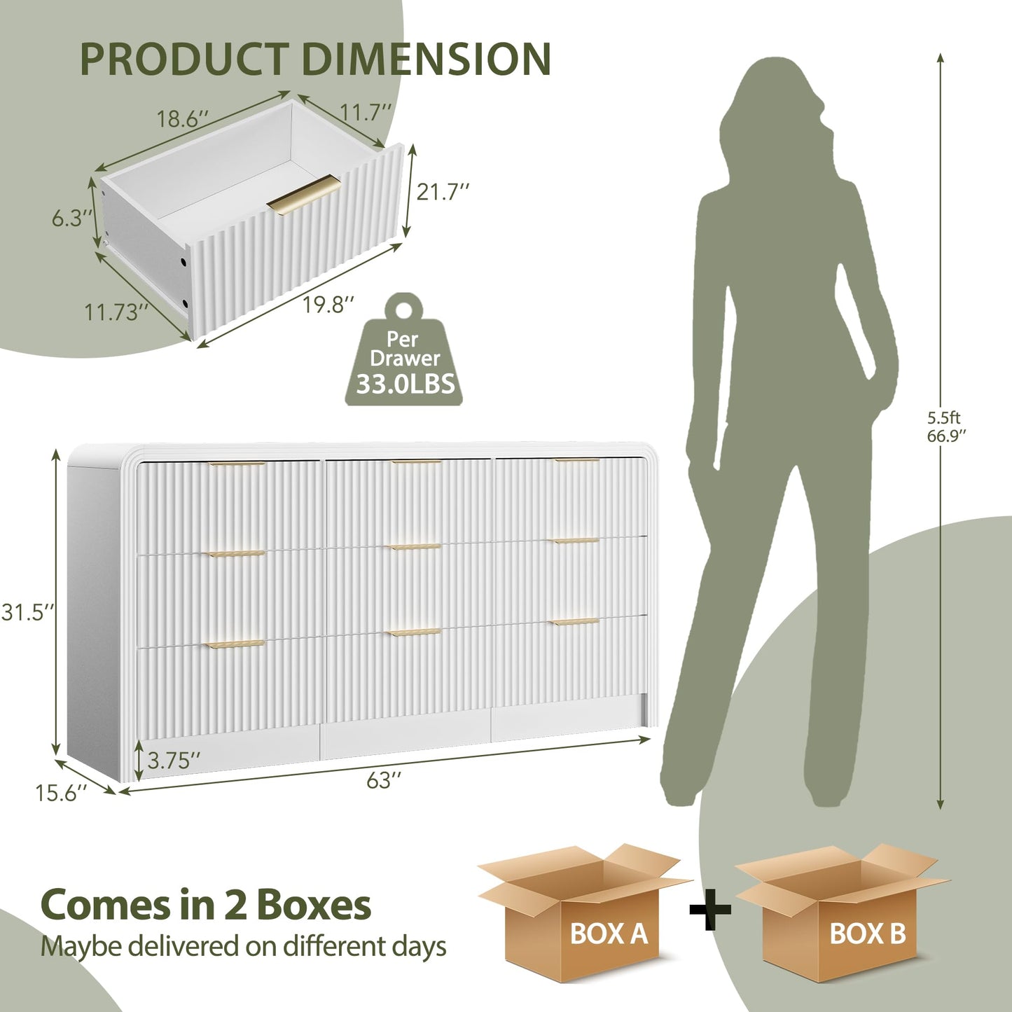 Decofy Fluted 9 Drawers Dresser, 63'' Wide Modern Chest of Drawers with Round Edge & Metal Handle, Wood Drawer Organizer for Bedroom, Living Room, White