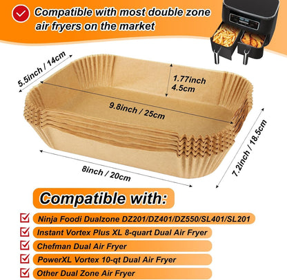 Skiennix Air Fryer Parchment Paper Liners - 100 Pcs Non-Stick, Unbleached Sheets for Dual Basket Models | 8.6x5.5 Inch