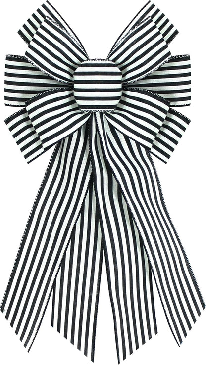 Skiennix Burlap Wreath Bow - Black & White Stripes | 20 x 11 Inches for Home & Front Door Decor