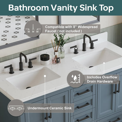 DELUXE LIVING 60 Inch Bathroom Vanity Double Sink, Fully Assembled Solid Wood Frame Double Sink Bathroom Vanity with Soft Closing Doors & Full Extension Dovetail Drawers, Quartz Top, Steel Blue
