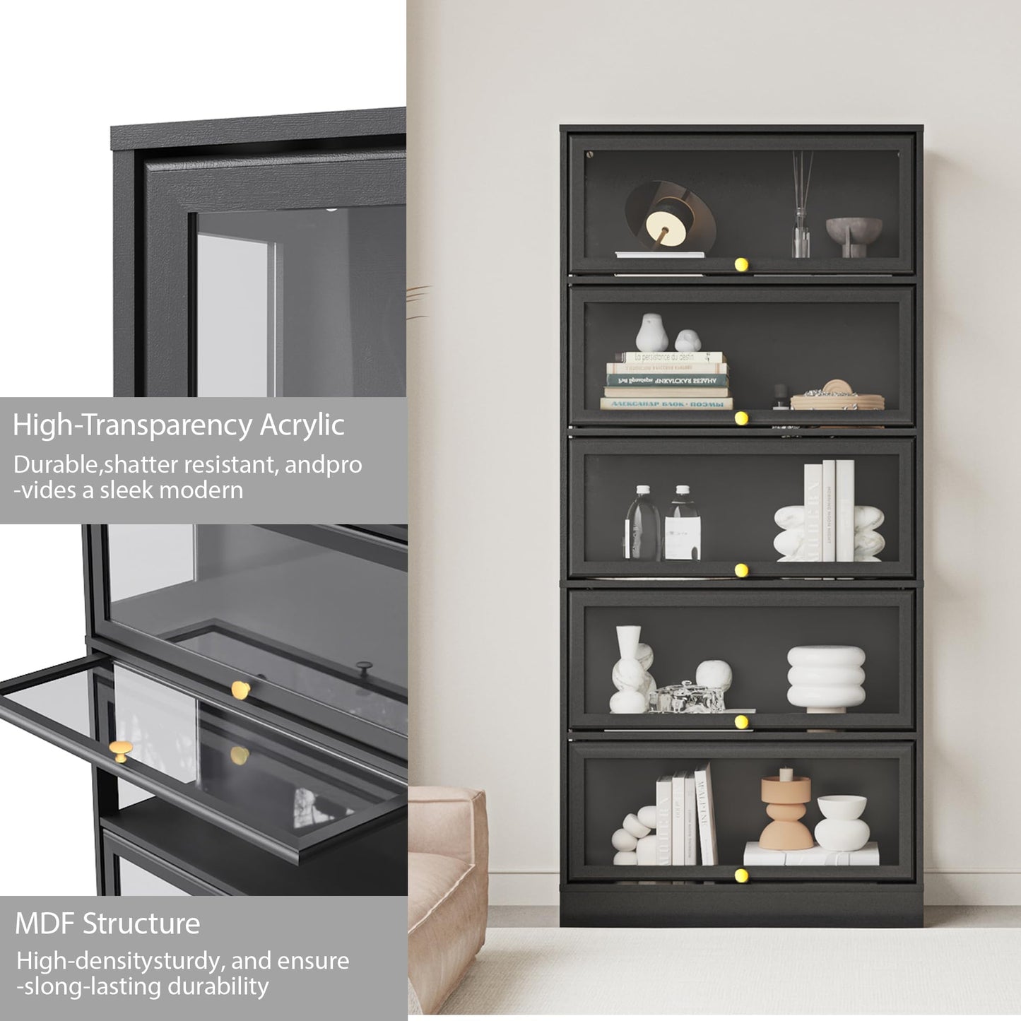 BONITURE Display Cabinet with Acrylic Glass Doors,5-Tiers Curio Cabinet with LED Lighting for Collectibles, Collectibles Toy Organizers Rack & Display Shelf Display Case Storage Cabinet, Black