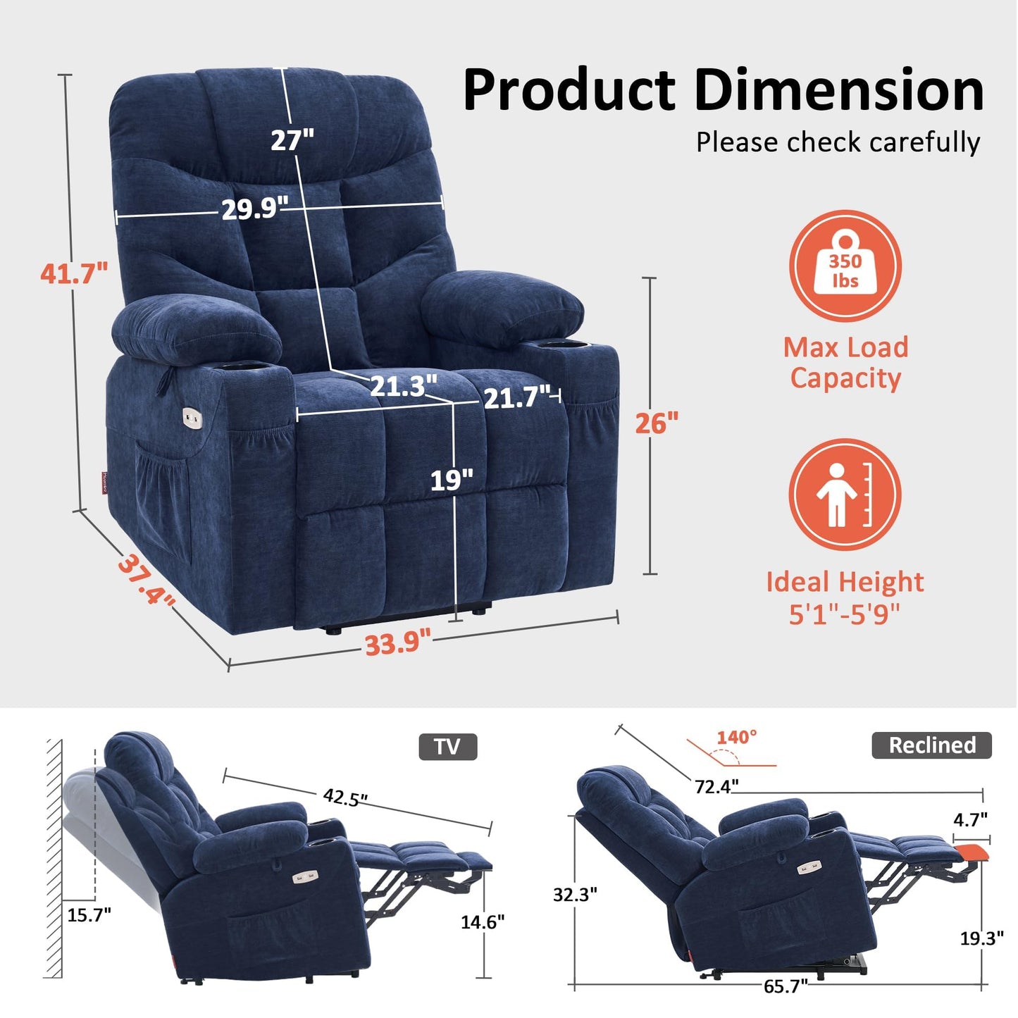 MCombo Power Lift Recliner Chair with Extended Footrest for Elderly People, Fabric 7287 (Navy Blue, Medium)
