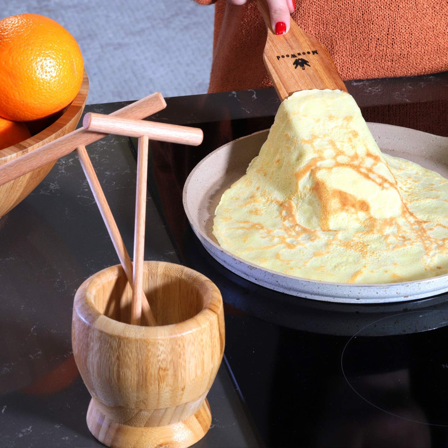 Crepe Spreader Set with Turner, 4-Piece Wooden Batter Tools (3.5, 5, 7, 12 Inch), T-Shaped Design for Pancakes and Griddle Cooking