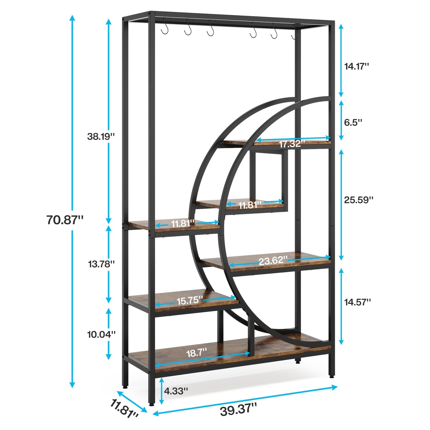 Tribesigns 7 Tier Indoor Plant Stand, 70.9" Tall Half Moon Shaped Plant Shelf with 6PC S Hanging Hooks, Industrial Large Flower Pots Display Rack for Home Garden, Balcony, Patio (Brown-2PC)
