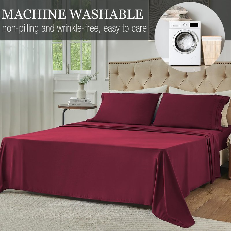Yibeizi Queen Sheet Set Cooling Sheets Deep Pocket Queen Size Bed Sheets Set, Red Soft Microfiber Oeko-Tex Sheets & Pillowcases Hypoallergenic Wrinkle Free Bedsheets