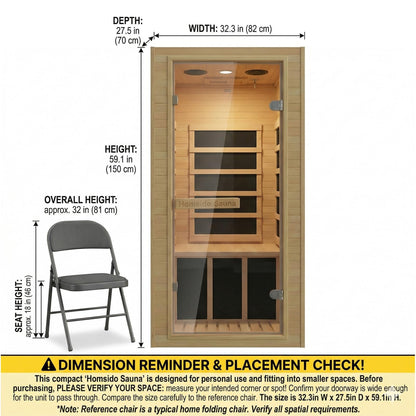 1-Person Home Sauna, 32.3IN x 27.2IN x 59IN Mini Canadian Hemlock Wood Far Infrared Sauna with 5 Low-EMF Carbon Heaters (60-140°F), 110V/900W, Bluetooth Speaker, Quick 30-Min Setup, Fits Any Room