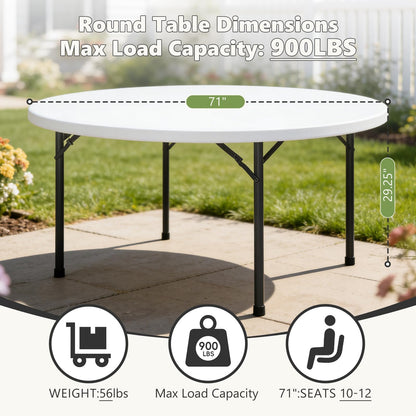 MAKE CHANGES 71" Folding Round Table, Plastic Dinner Table, Portable Folding Banquet Table for Living Room, Party or Outdoor Event, White