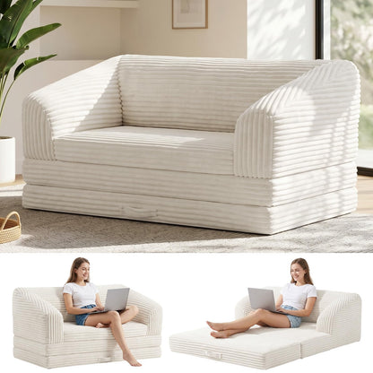 Convertible Boneless Loveseat Sleeper Sofa Bed, Folding Oversized Bean Bag Couch, Comfy Sofa Chairs for Adults with Filling, 54'' Futon Couch Bed, Beige