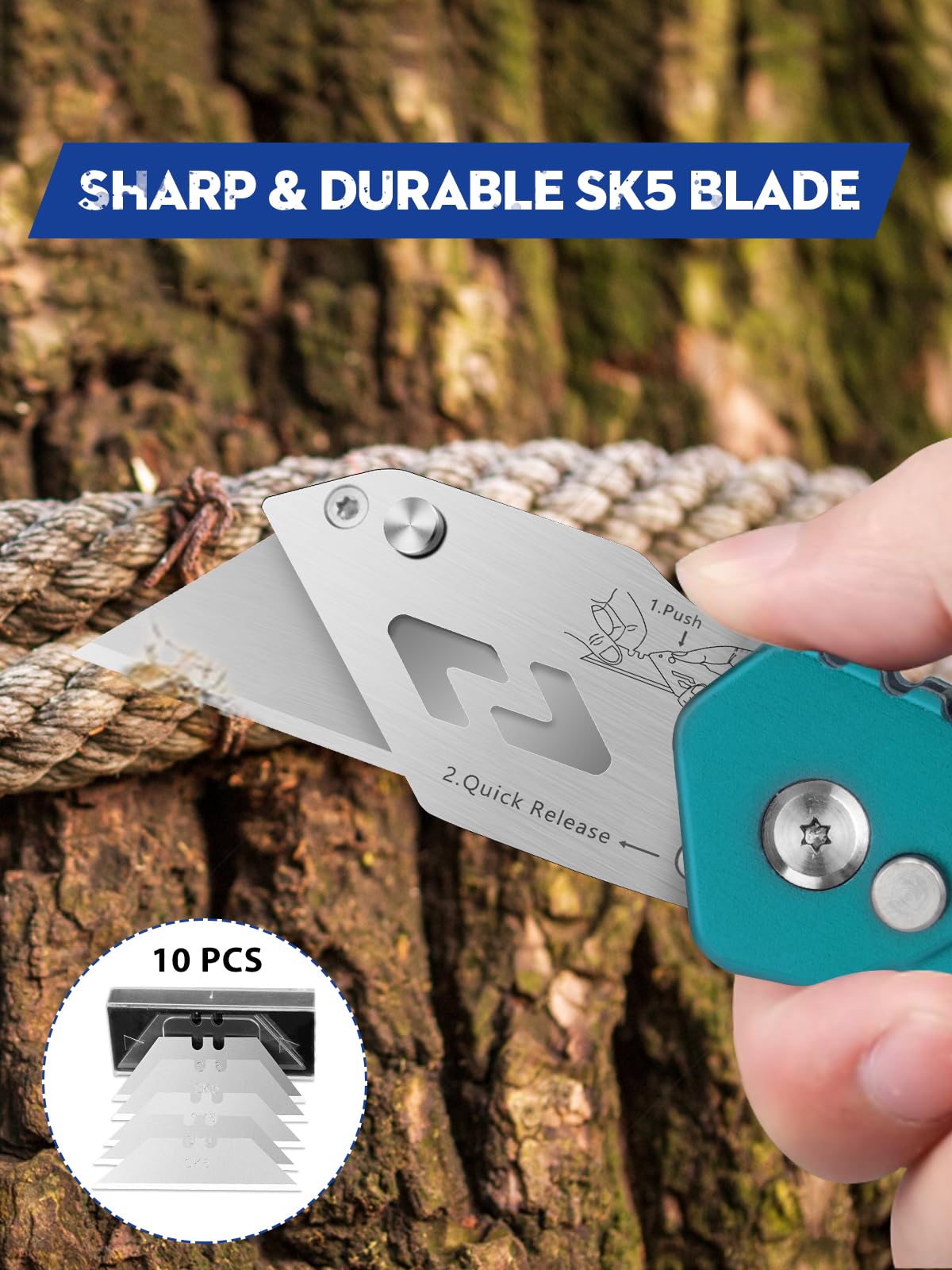 BIBURY Utility Knife, Heavy Duty Folding Box Cutter, Pocket Carpet Cutter Knife with 10 Extra SK5 Stainless Steel Blades, Easy Release Button, Belt Clip, Quick Change and Safety Lock-Green