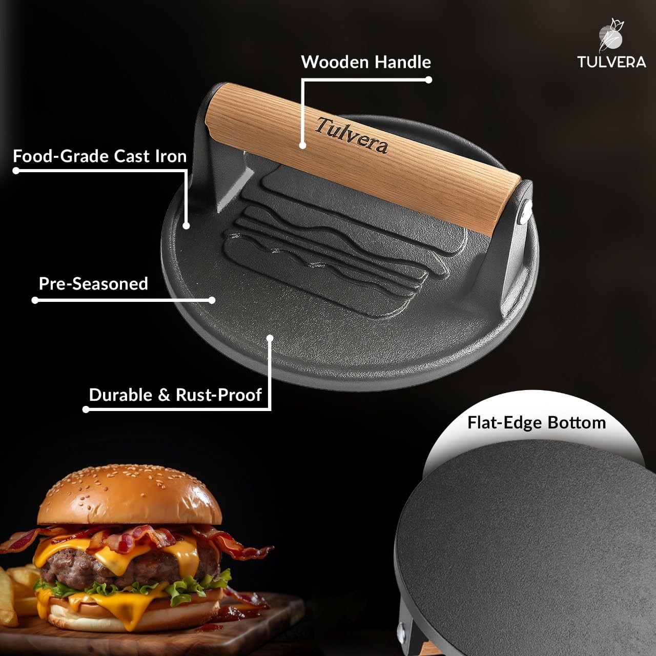Tulvera Smash Burger Press | Cast Iron Hamburger Smasher Tool | Flat-Edge Meat Press for Hamburgers, Bacon, Outdoor Kitchen | Griddle & Grilling Accessories | Pre-Seasoned | 6.1”