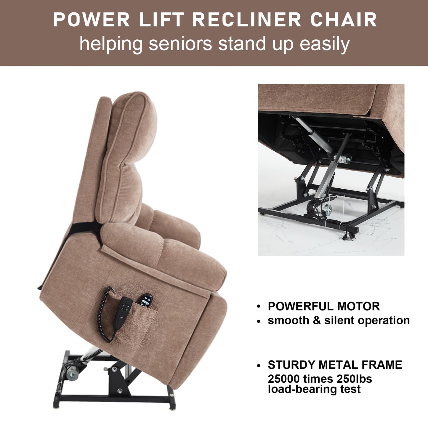 RHHVVR Oversized Power Lift Recliner Chair for Adults, Large Electric Lift Recliners with Massage Heating, Medium-Firm Electric Lay Flat Reclining Chair Sofa for Living Room, Chenille Brown