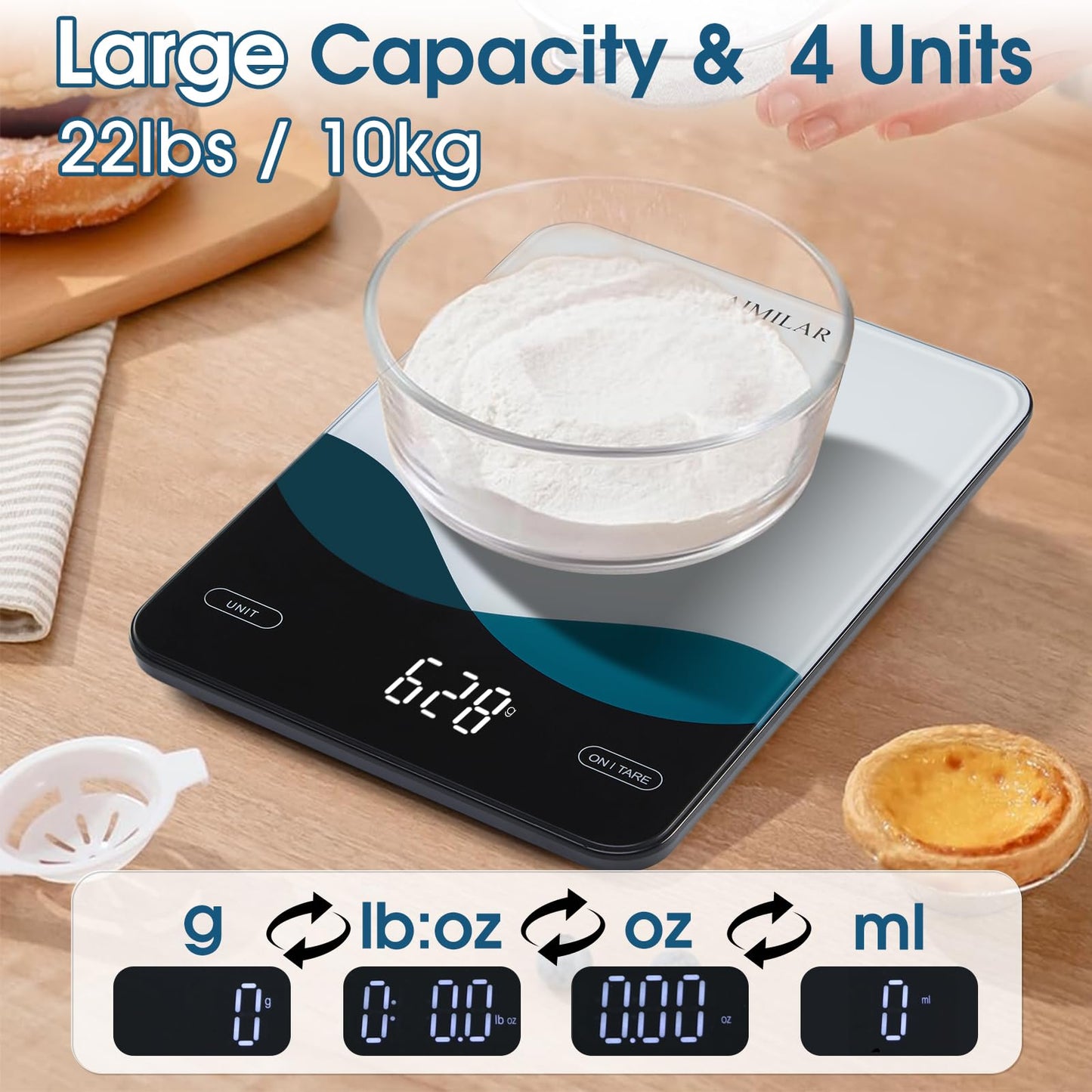 AIMILAR Bluetooth Kitchen Scale 10kg/22lb - Smart Nutrition Food Scale with App Calorie & Macro Tracker, Nutritional Analysis, USB-C Rechargeable, Tempered Glass, LED Display, Tare, g/lb:oz/oz/ml