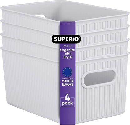 Superio Ribbed Collection - Medium Decorative Plastic Open Home Storage Bins Organizer Baskets, White Smoke (4 Pack)