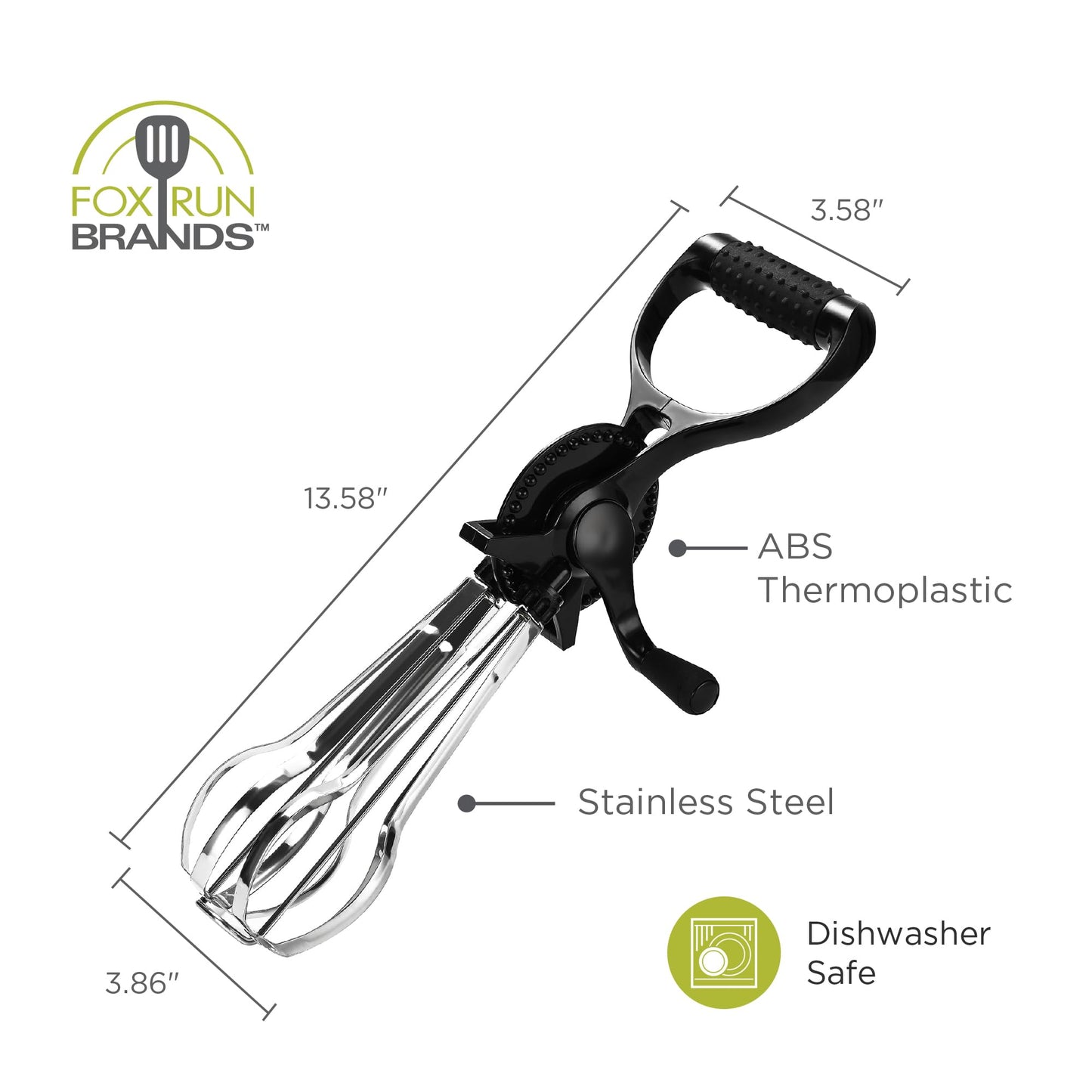Fox Run Stainless Steel Manual Hand Mixer, Black Retro Style Egg Beater, 13" x 4"