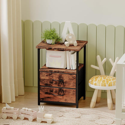 Fixwal Night Stand with Charging Station, Nightstand with Fabric Drawers, Bedside Table for Bedroom, Rustic Brown