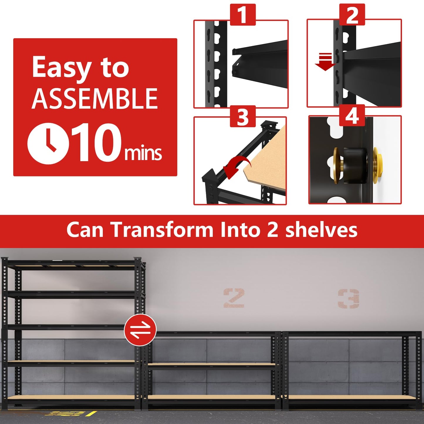 PrimeZone 60" W X 24" D X 72" H Heavy Duty Garage Storage Shelves - Adjustable Metal Shelving Unit, 5 Tier Industrial Shelves for Storage Standing Utility Rack for Warehouse, Basement, Black, 2 Pack