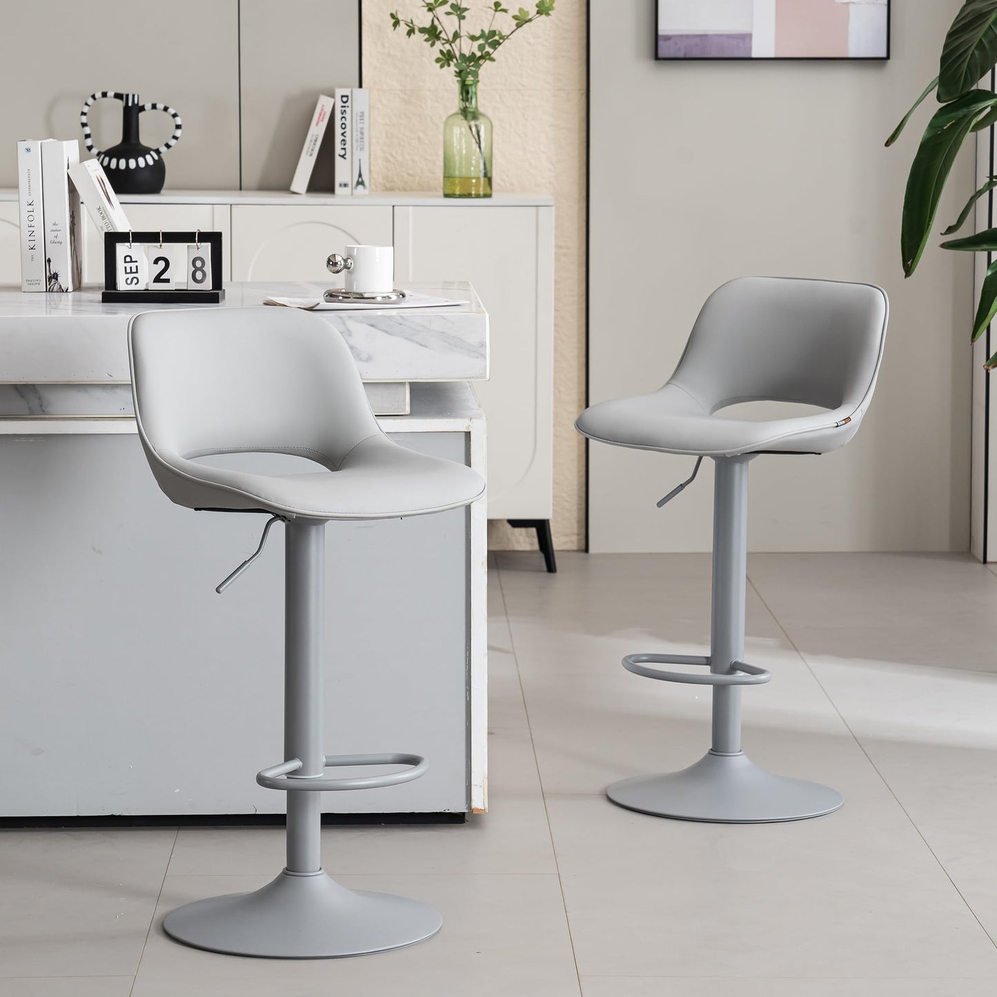 YOUNIKE Bar Stools Set of 2 All Grey Swivel Barstools, Compact Adjustable Counter Height Bar Stools Faux Leather Upholstered Counter Stools with Hollow Back for Kitchen Island