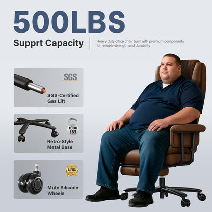 JULYMON Executive Office Chair Big and Tall 500LBS, 165° Reclining Heavy Duty Office Chair with Footrest & Quiet Rubber Wheels, Height Adjustable, Soft Strong Padded Arms, Brown