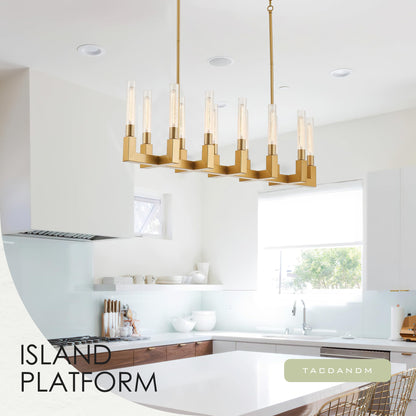 TACDANDM 54-inch Linear Dining Room Pendant Light Fixture with Glass Tube,Gold Rectangular 12-Lights Industrial Kitchen Island Lighting Over Table(Included E26 Bulbs)