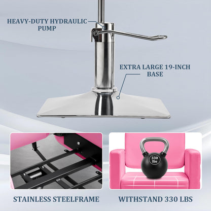 Barber Salon Chair for Barbershop - Load Weight 330 Lbs,Heavy Duty Hydraulic Pump Height Adjustable,360°Swivel with Footrest,Soft Leather with Armrest,Salon Spa,Hair Styling Stylist,Braiding (Pink)