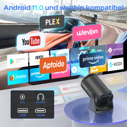 Mini Projector With WiFi and Bluetooth, 180 Rotatable Portable, 150" Smart With Android TV 11, 1080P Support Decoding Projectors 4K, 2.4G/5G WiFi6, Auto Keystone for Home Outdoor Proyector, Iron Grey