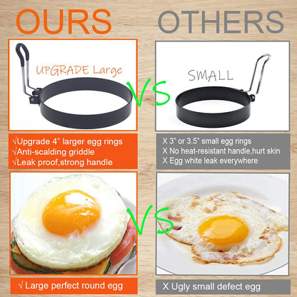 WOWITIS Upgrade 4'' Large Egg Rings Set, 4 Packs Stainless Steel Round Egg Maker Mold, Anti-scalding Grill, 1X Oil Brush & 1X Egg Separator White