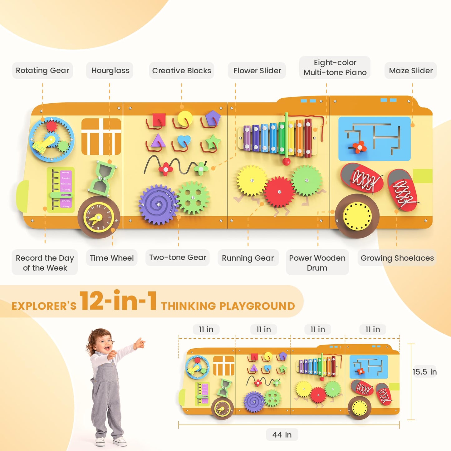 BlueWood 2024 8 in 1 Pikler Triangle Climbing Set, School Bus Wall Busy Board Panels