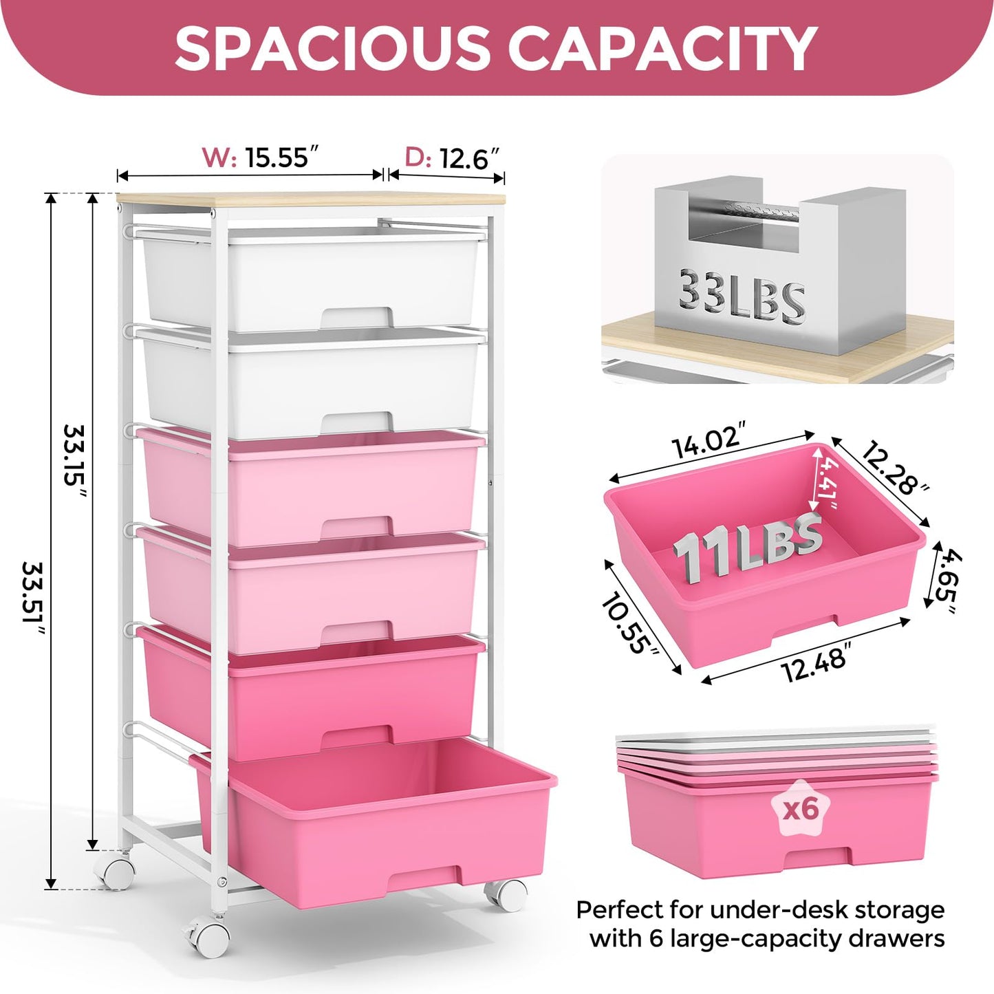 Rolling Storage Cart with 6 Drawers and Wooden Tabletop, Lockable Wheels Utility Cart for Art Studios, Office Supplies & Craft Room Organization (Pink)
