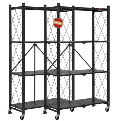 DEANIC 4 Tier Foldable Storage Shelves with Wheels, Large Capacity Shelving Unit, Freestanding Metal Wire Shelf Rack, No Assembly Organizer Rack for Garage Kitchen, Basement, Pantry(Black Pack of 2)