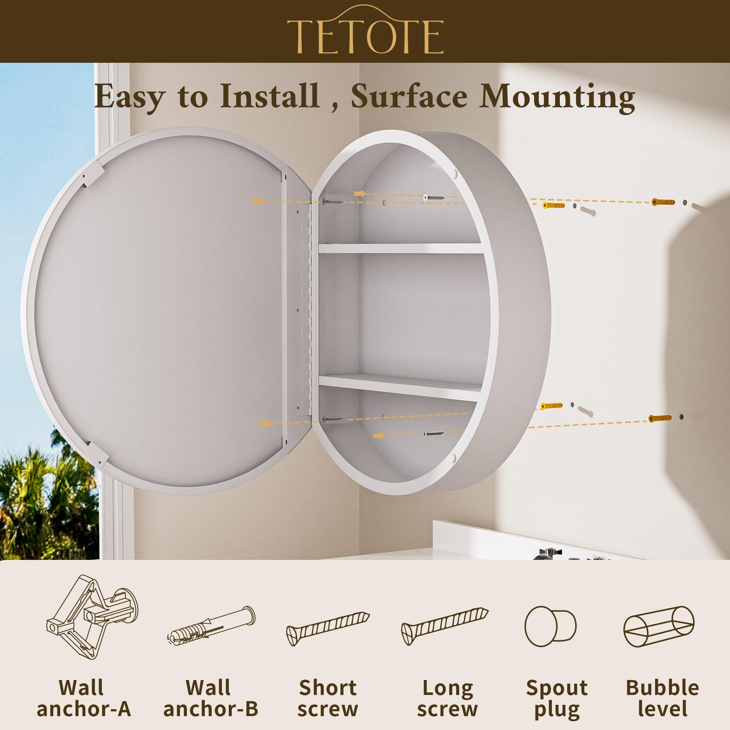 TETOTE Bathroom Mirror Cabinet 30 x 30 White Round Bathroom Medicine Cabinet with Mirror Adjustable Shelves Farmhouse Wall Mirror with Storage Surface Mounted