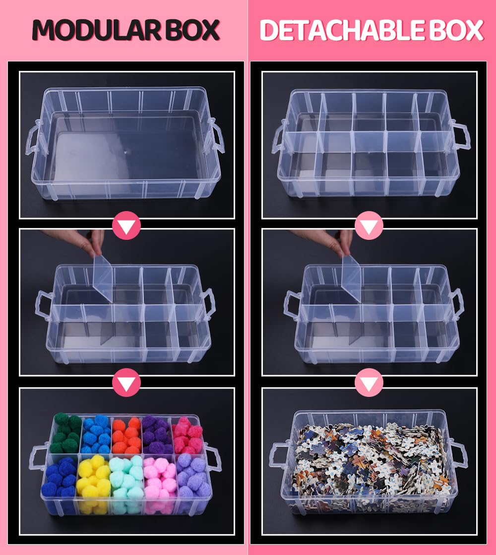 Praisebank 3-Layer Stackable Storage Container Box, 30 Dividers Compartments, Perfect for Storage Jewelry & Arts & Crafts & Sewing. (Pink)