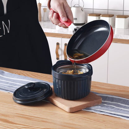 ONTUBE Ceramic Bacon Grease Container Keeper with Strainer, Frying Oil Storage Can 17 oz, Navy