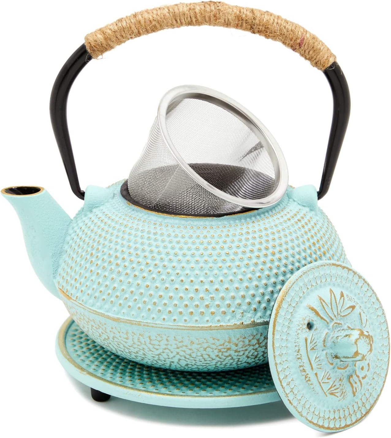 18 oz/500 ml, 3-Piece Set Set Juvale Cast Iron Tea Kettle with Infuser - Green, - Teapot for Brewing Loose Leaf Tea
