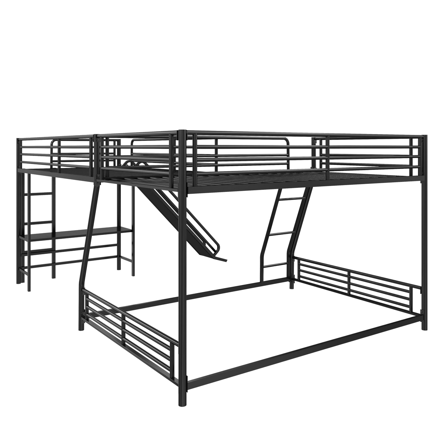 Merax L-Shaped Twin Over Full Bunk Bed with Twin Size Loft Bed, Black Metal Bunk Bed with Built-in Desk and Slide