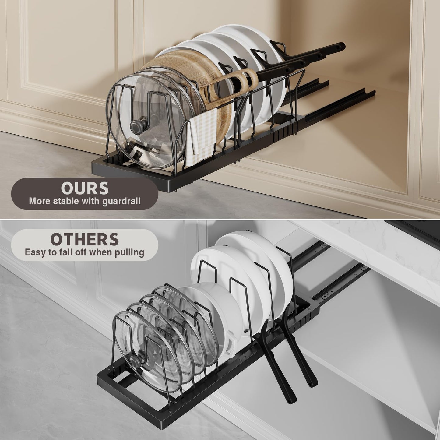 Magheo Pots and Pans Organizer Under Cabinet, 22" Deep Expandable Pull Out Pot Lid Organizer and Storage with 10 Adjustable Dividers No Drill Pot and Pan Holder Rack with Handle Bracket(1 Pack,Black)