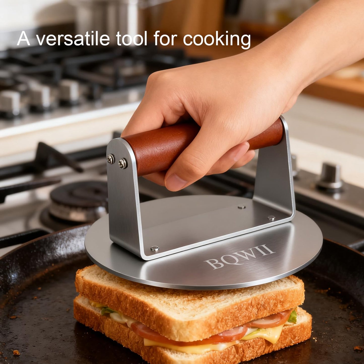 BQWII 6.3inch Burger Press, Round Stainless Steel Meat Patty Pressing Tool, Suitable for Burger Patties, Steaks, BBQ, Bacon,Baking, Grill Press with Wood Handle