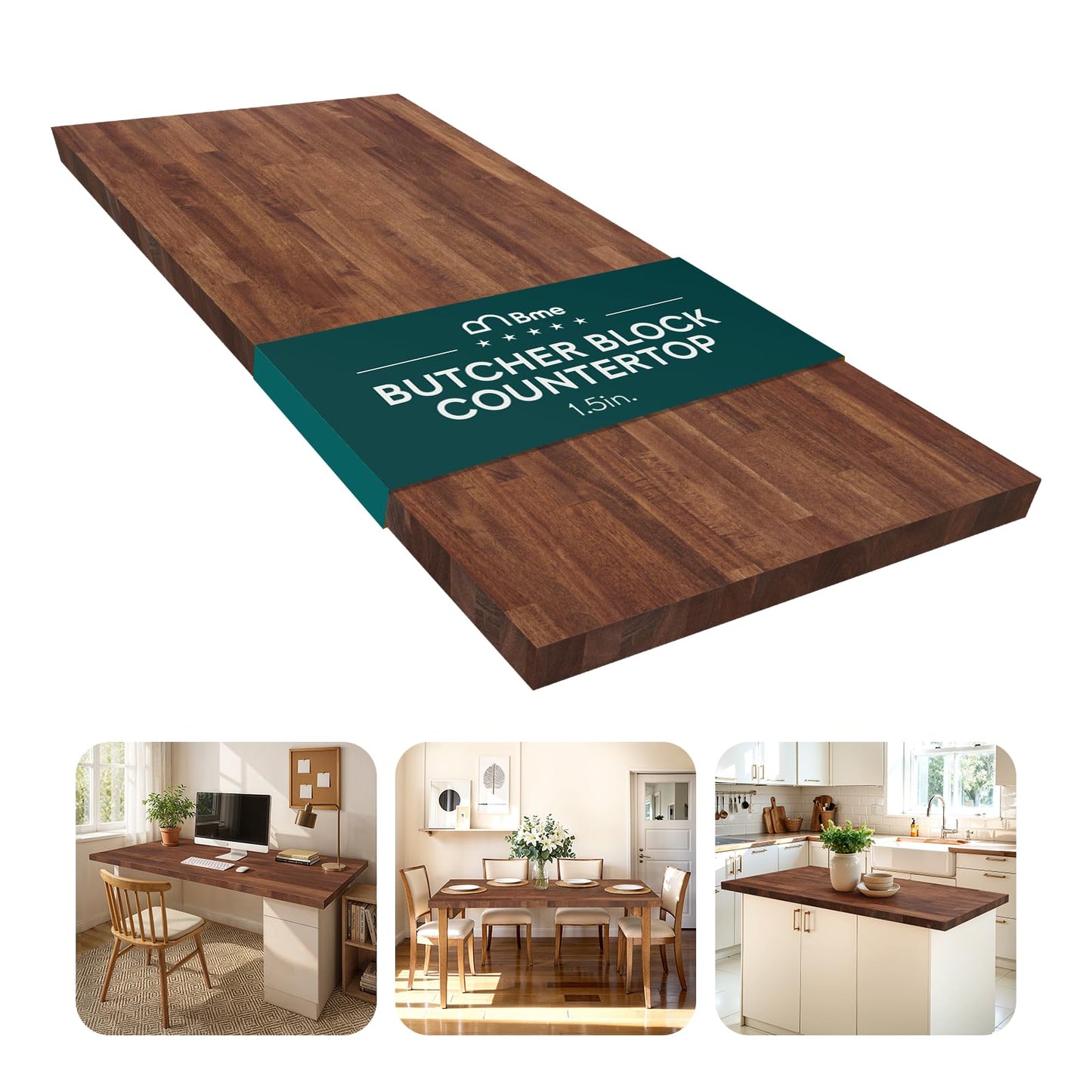 Bme Hevea Solid Wood Butcher Block Countertop in Walnut, Walnut Butcher Block Table Top with UV Finish for DIY Washer Dryer/Island/Kitchen Countertop, 60" L x 25" W x 1.5" Th
