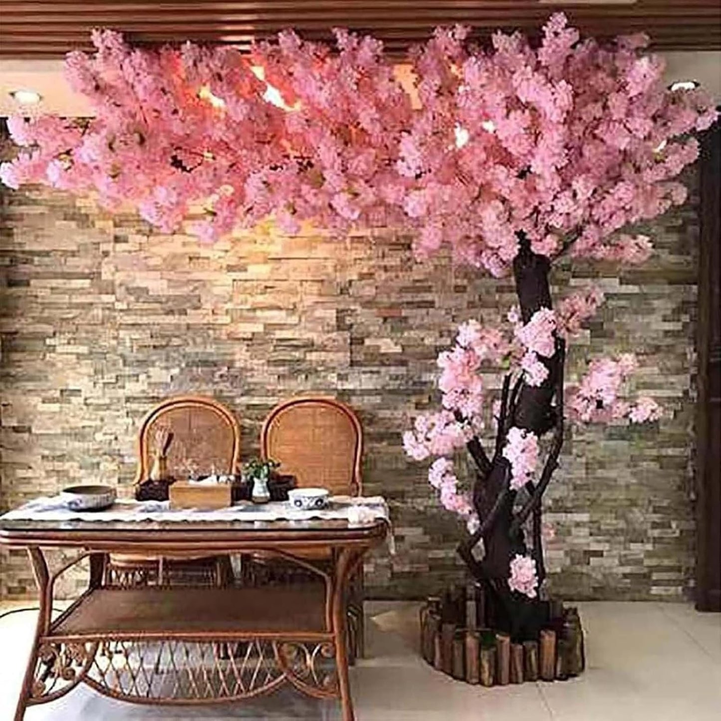 Artificial Cherry Blossom Tree Lifelike Non-Fading Japanese Faux Cherry Tree Cloth Plastic Suitable For Indoor Outdoor Home Decor Hotels Parks Offices Commercial Venues Seasonal Decoration,Pink,6.5ftX
